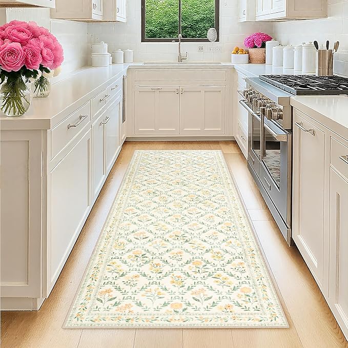 Runner Rug for Entryway: 2x10 Kitchen Rugs Non Slip Washable Ultra-Thin Soft Floral Carpet Indoor Floor Stain Resistant Carpets for Hallway Bedroom Kitchen Laundry Bathroom Dorm Beige/Multi