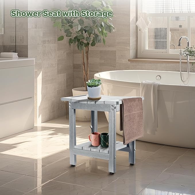 HDPE Shower Bench Seat Capacity 300LB, Waterproof Bathroom Stool with Side Carry Holes, Compact 16.8" L Design, Non-Slip Shower Seat for Elderly, Shaving Legs & Spa - Indoor/Outdoor Use (Gray)