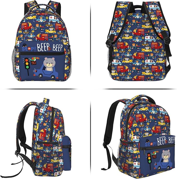 Cartoon Car Animal Backpack For Kids School Boys Girls, Bear & Traffic Light Design, Lightweight Waterproof Ergonomic Backpack For Age 3-5 5-7 7-9 9-12 School Book Bag Daypack Outdoor Play