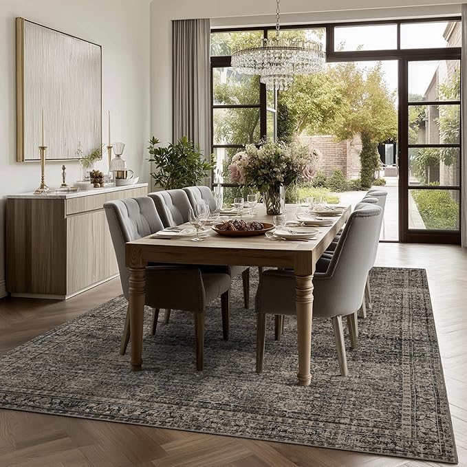 Washable 6x9 Area Rug for Living Room, Carpet for Bedroom Dining Room, Non Slip&Non-Shedding Resistant Low Pile Vintage Print Rug for Home Office (Brown)