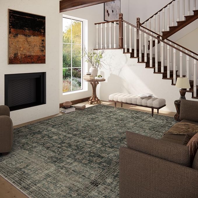 Washable Living Room Area Rug: 5x7 Rugs for Bedroom Vintage Stain Resistant Non Slip Low Pile Lightweight Boho Carpet for Kitchen Dining Room Farmhouse Kids Room Nursery