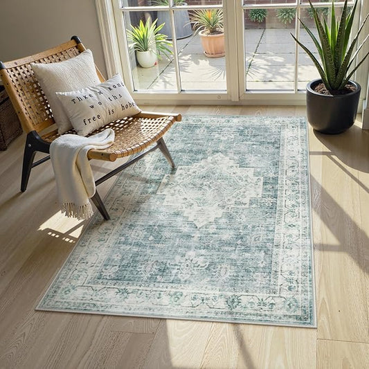 LIVEBOX Entryway Rug 3x5 Washable Area Rugs for Kitchen Bathroom, Non-Slip Front Door Mat for Bedroom, Boho Low-Pile Carpet Farmhouse Throw Indoor Mats for Bath Laundry Room, Blue