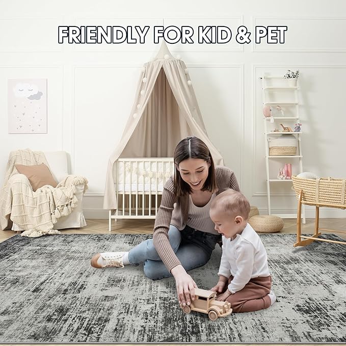 Area Rug 9x12 Washable Rugs: Abstract Large Living Room Rugs with Non-Slip Backing, Stain Resistant Indoor Floor Carpet for Bedroom Dining Room Table Nursery Hallway Home Office-Black/Gray