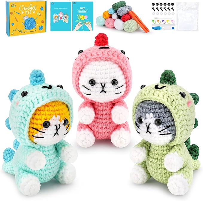 Crochet Kit for Beginners - 3 PCS Dinosaur Cat Crochet Kits with Step-by-Step Video Tutorials, Beginner Crochet Kit for Adults Kid, Crochet Animal Kit for Starters, Cat Dressed as Dinosaur Crochet Set