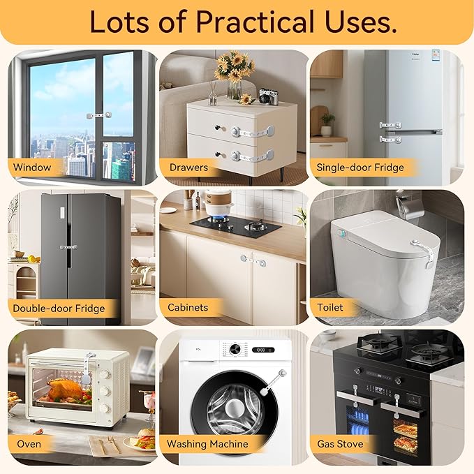 2 Pack Cabinet Locks/Refrigerator Locks Baby Proofing - Child Proof Locks for Drawer, Refrigerator, Fridge, Toilet Seat-No Screws or Tools Required (2 Pack-Grey Locks)