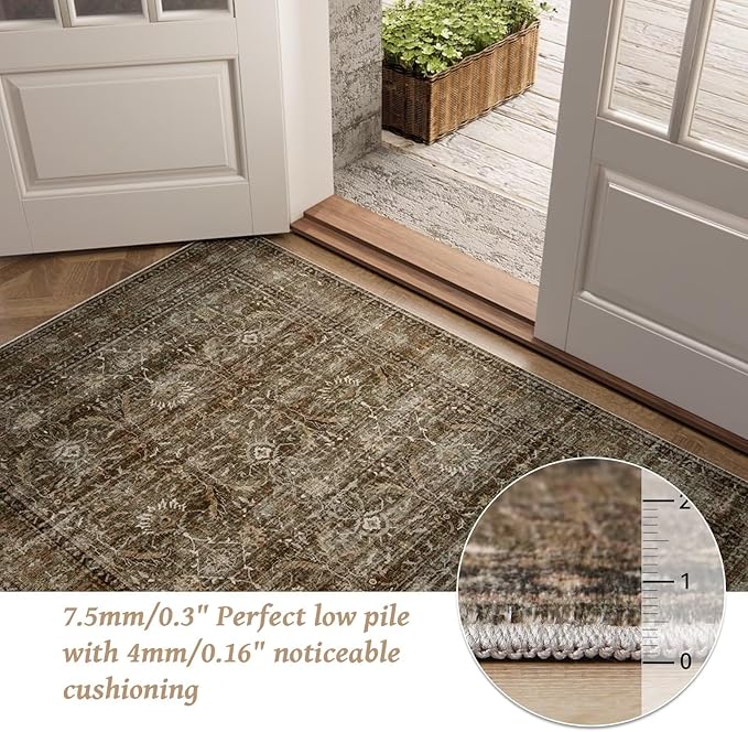 Washable 5x7 Area Rugs for Living Room, Boho Non-Slip Silicone Backing Rugs for Bedroom Dining Room Nursery Office, 0.3" Neutral Oriental Throw Carpet with 0.16" Cushioning Pad, Deep Brown/Multi