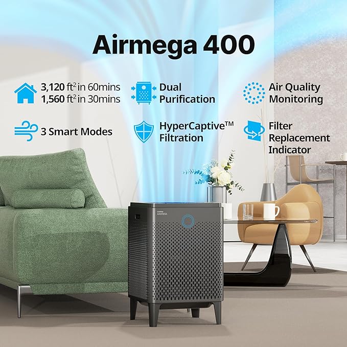 COWAY Air Purifiers for Home Large Room Up to 3,120ft², 2 Sets of Washable Pre-Filters and True HEPA Filters for Smoke, Allergies, Pet Dander, Odor, AQI, Auto & Sleep Mode, Timer, 5yr Warranty, 400(G)