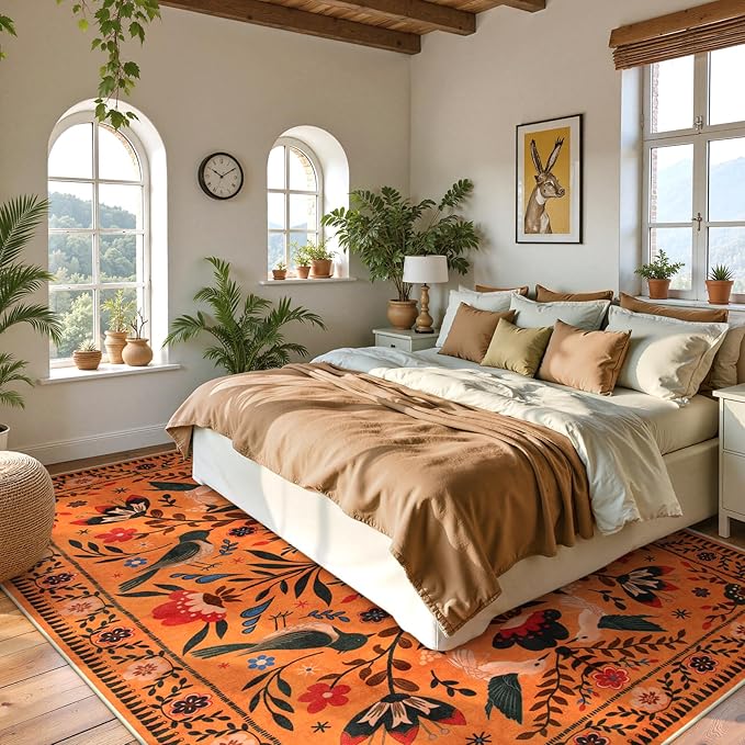 Moynesa Washable Rugs 8x10, Ultra Thin Boho Bird Living Room Area Rug Stain Resistance, Indoor Soft Orange Floral Large Easy Clean Carpet for Bedroom Dining Room Under Table Kid Playroom