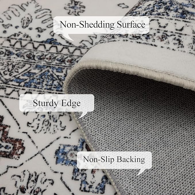 Washable 6x9 Area Rug for Living Room, Carpet for Bedroom Dining Room, Non Slip&Non-Shedding Resistant Low Pile Vintage Print Rug for Home Office (White Cream/Gray)