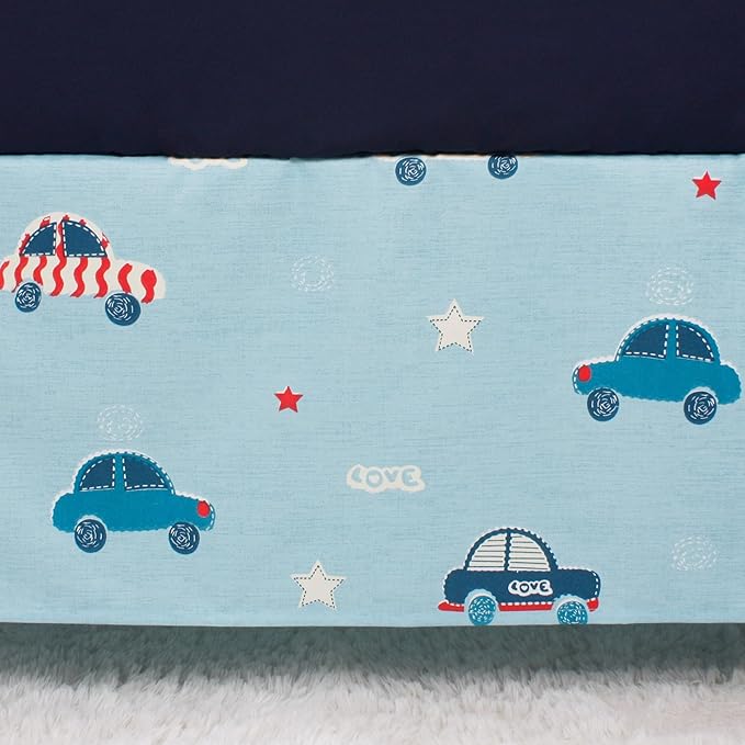 CaSaJa Baby 3-Piece Crib Bedding Set for Boys Girls, Including Soft Quilted Comforter(Blanket), Fitted Crib Sheet and Skirt, Soft Nursery Bedding Set Made of Silky Comfy Materials, Love Cars