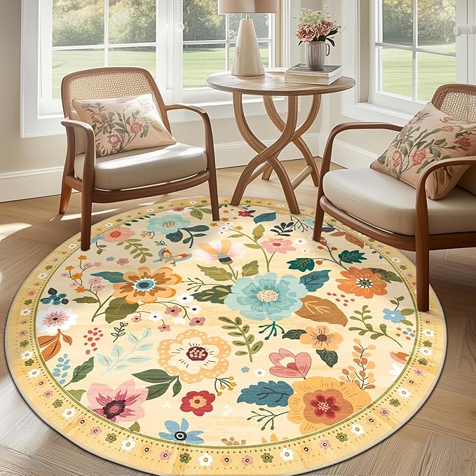 Floral 4ft Area Rug Machine Washable Soft Print Boho Carpet Non Slip Doormat Low Pile Flower Area Rugs for Living Room Bedroom Nursery Kitchen Dining Room Indoor-Ivory/Yellow