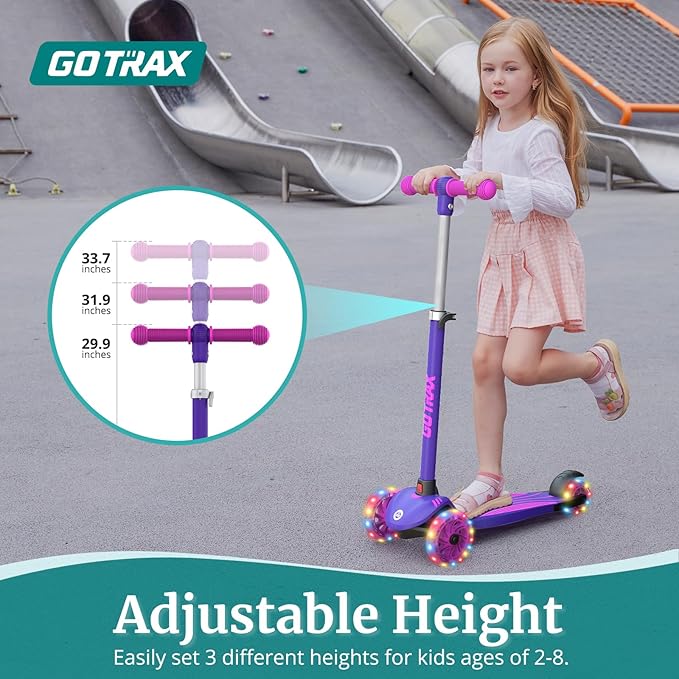 Gotrax KS1 Kids Kick Scooter, LED Lighted Wheels and 3 Adjustable Height Handlebars, Lean-to-Steer & Widen Anti-Slip Deck, 3 Wheel Scooter for Boys & Girls Ages 2-8 and up to 110 Lbs