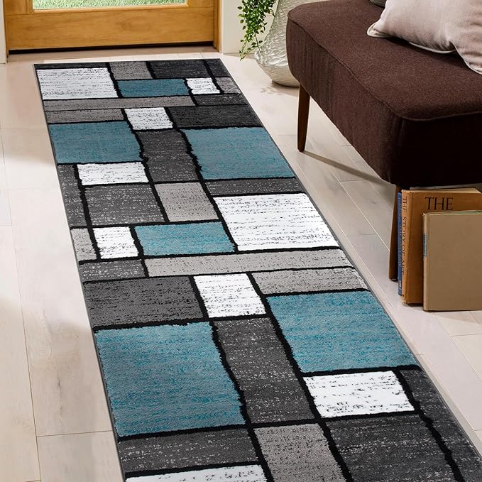 Rugshop Contemporary Modern Boxes for Home Office,Living Room,Bedroom,Kitchen Non Shedding Runner Rug 2' x 7'2" Blue/Gray