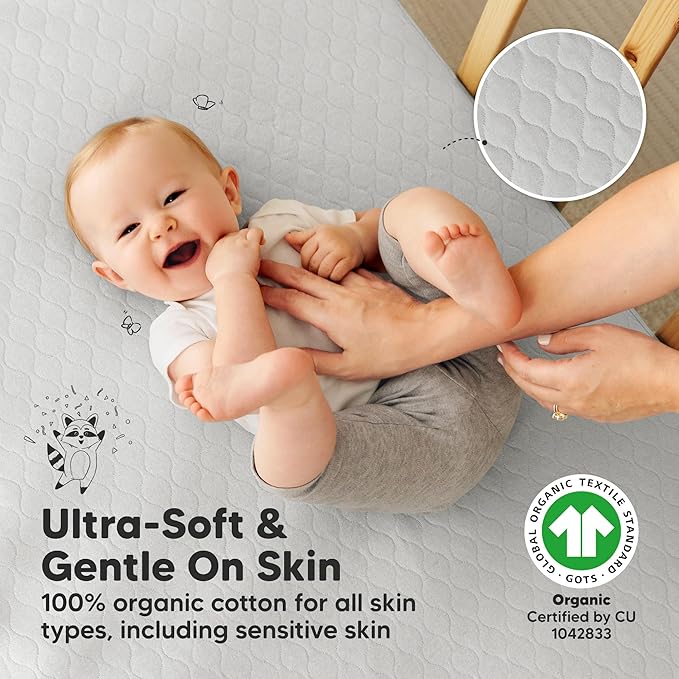 Waterproof Crib Mattress Protector Cover Fitted - 2-Pack Quiet Baby Crib Mattress Pad Sheets, 52" x 28" Soft Quilted Cotton Baby Sheet, Machine Washable, Easy Fit, Durable (Pearl Gray/Mavy)