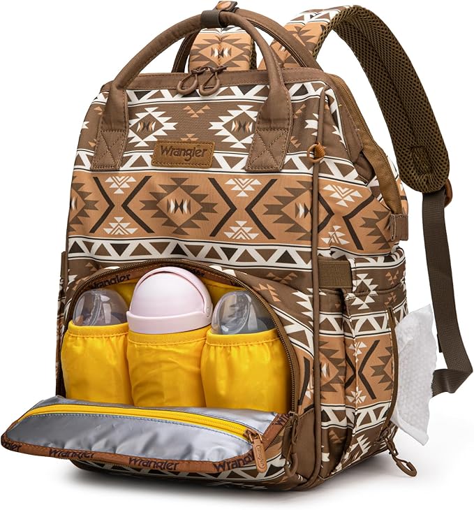 Wrangler Aztec Backpack Multifunction Baby Travel Bag with Changing Pad, Stroller Straps and Pacifier Case WG2204-91103BR