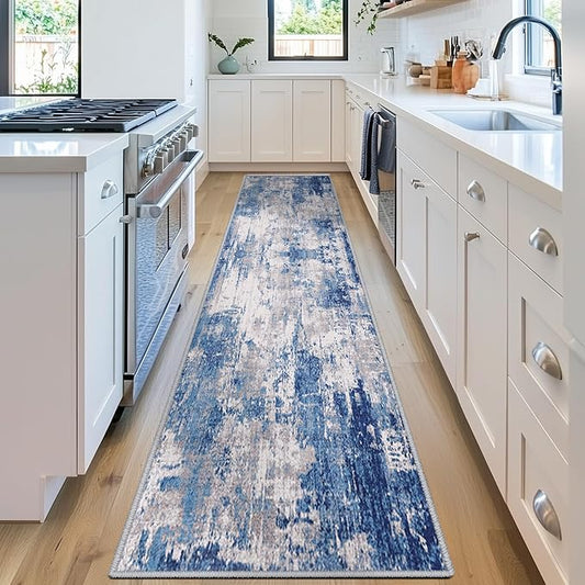 Washable Area Rugs 2'x8' Non-Slip Modern Abstract Soft for Living Room Entryway Bedroom Nursery, Print Pattern, Blue Grey Navy Gray