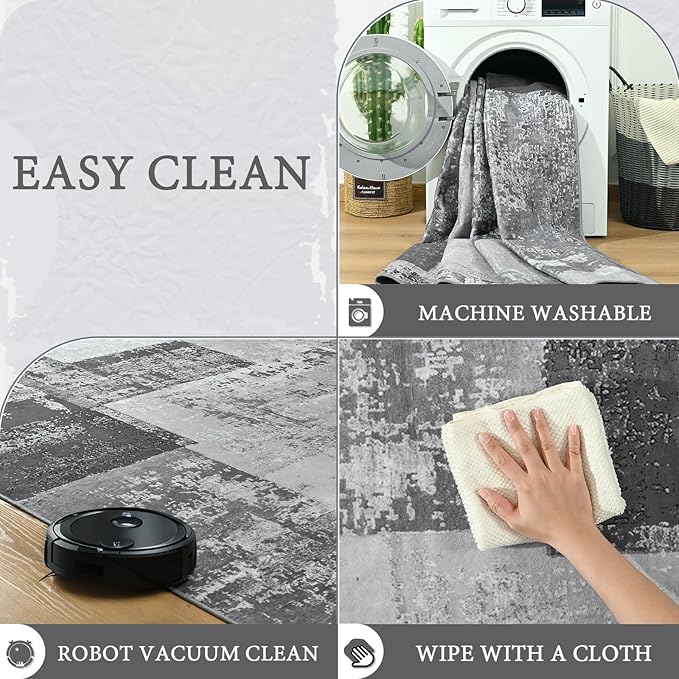 LOCHAS Rug for Living Room, Washable Soft Area Rugs for Bedroom 6x9, Abstract Carpet for Indoor Office Kids Dining Room Nursery Floor, Grey Geometric Vintage Home Decor, Non Slip, Pet Child Friendly