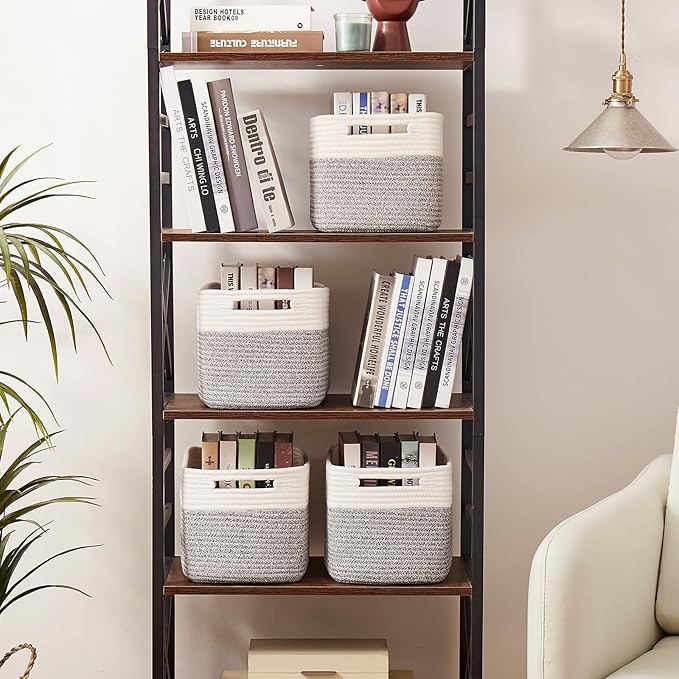 OIAHOMY 4 Pack Storage Baskets for Organizing, Basket for Shelves with Handle, Woven Baskets for Storage Toys, Towels, Books, Cotton Rope Basket 13" L x 9 " W x 7.8 " H, Grey & White