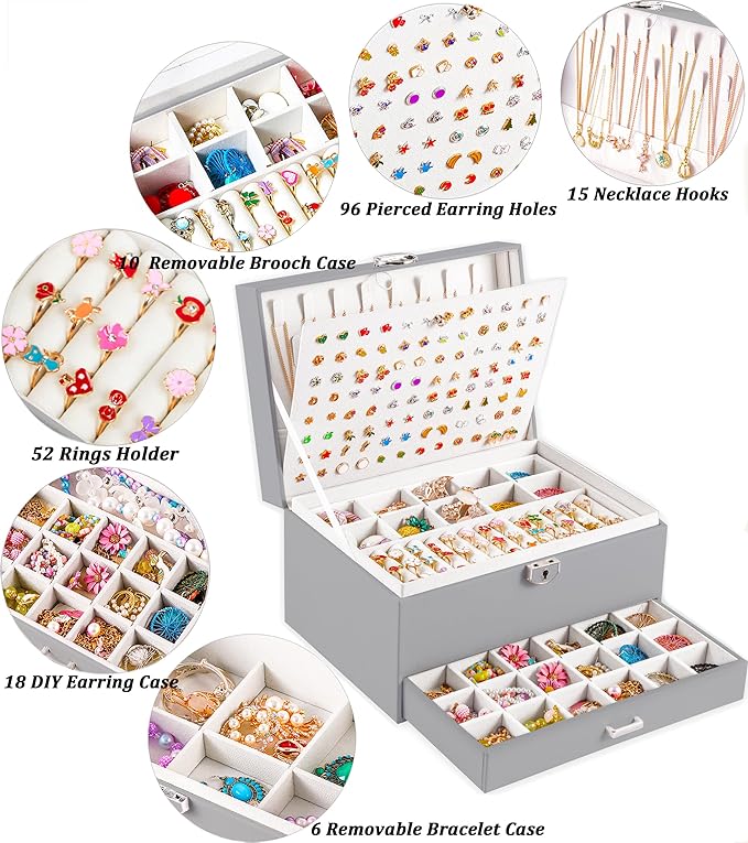 Earring Jewelry Box for Women Girls Stud Organizer, 5 Layers Grey Jewelry Organizer Box With Lock Earring Holder Organizer Ring and Necklace Jewelry Box with Earrings Holder for Women Girls