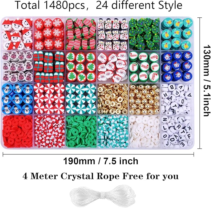 1480pcs Christmas Polymer Clay Beads Charms Friendship Bracelet Necklace Earring Jewelry Making kit, Accessories for Arts Crafts DIY Gifts for Women Girls