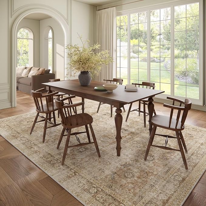 Washable 8x10 Area Rugs for Living Room, Boho Non-Slip Silicone Backing Rugs for Bedroom Dining Room Nursery Office, 0.3" Neutral Oriental Throw Carpet with 0.16" Cushioning Pad, Brown/Multi