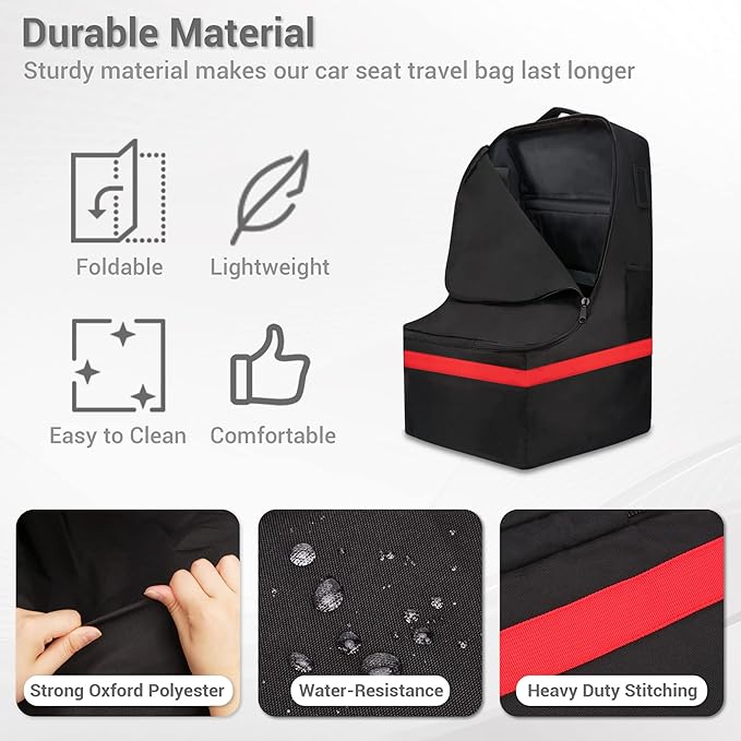 Car Seat Travel Bag - Padded, Comfortable, Durable, Roomy Gate Check Carseat Cover Backpack Fits 3-in-1，Convertible, Booster & Infant Car Seats for Airplane, Airport, Red