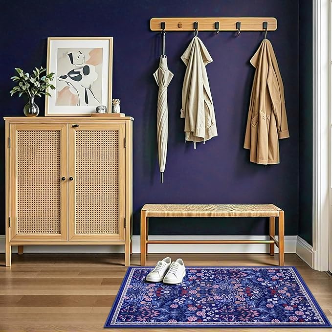 Entryway Rug 2X3 Small Rugs: Floral Washable Door Mat Vintage Soft Low Pile Non-Slip Kitchen Rugs Stain Resistant Indoor Throw Rug for Entrance, Bedroom, Kitchen, Laundry, Bathroom Blue