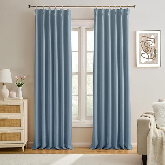 KEQIAOSUOCAI Dusty Stone Blue Pinch Pleated Curtains 108 Inches Long 9 FT Length Room Darkening Curtains/Draperies Luxury Decor for Living Room Nursery 40x108 Inch (2 Panels)
