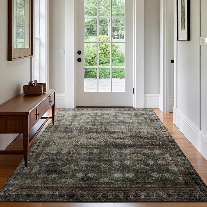 4x6 Area Rug for Bedroom Machine Washable, Non Slip Vintage Floral Kitchen Rugs for Dining Room, Rustic Indoor Floor Carpet for Kids Room, Playroom, Farmhouse(Dark Green/Brown/Multi)