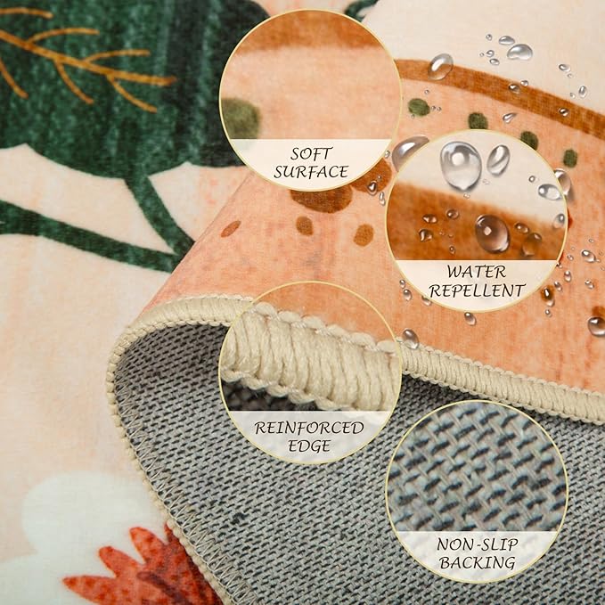 Floral 9x12 Area Rug Machine Washable Soft Print Boho Carpet Non Slip Doormat Low Pile Flower Area Rugs for Living Room Bedroom Nursery Kitchen Dining Room Indoor-Light Orange