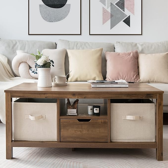 StorageWorks Storage Baskets for Shelves, Foldable Fabric Closet Storage Bins with Handles, Fabric Storage Bins Clothes Organizer, Beige Stripes, 3-Pack, Extra Large