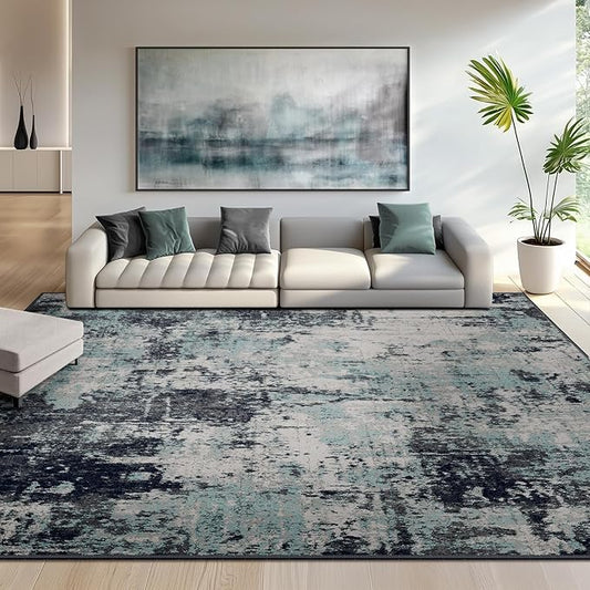 Washable Area Rugs 9'x12' Non-Slip Modern Abstract Soft for Living Room Entryway Bedroom Nursery, Print Pattern, Blue Black Teal