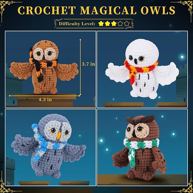 Crochet Kit for Beginners - 4 PCS Owl Crochet Kit with Step-by-Step Video Tutorials, Beginner Crochet Kits for Adults, Crochet Animal Kit for Kids, Crochet Magical Owls Set (White&Brown&Gray&Coffee)