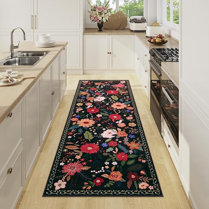Rug Runners 2x6, Floral Washable Kitchen Rugs for Hallways Area Rugs, Non Slip Long Rug Low Pile Entrance Doormat, Flower Carpet for Kitchen, Entryway Indoor, Bedroom, Bathroom, Laundry, Black