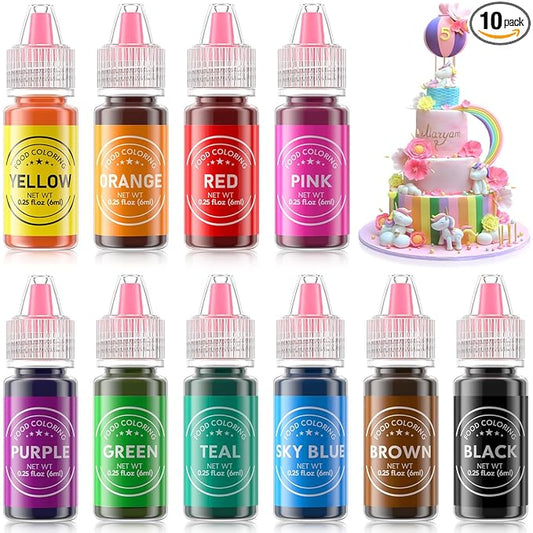 Food Coloring Liquid 10 Colors for Baking,Cherrysea Food Grade Cake Food Coloring Set for Halloween,Fondant,Cookies,Icing,Easter Egg Dessert Decorating Making DIY Supplies Kit- 0.25 Fl. oz (6