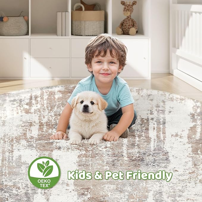 Round Rug Living Room Rugs: 6Ft Washable Circle Large Abstract Modern Soft Stain Resistant Non Slip Indoor Floor Carpet for Bedroom Nursery Office Dining Room Dorm Home House Decor- Brown