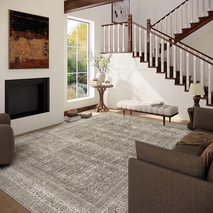 Washable Area Rugs for Living Room: 8x10 Bedroom Rug Boho Vintage Area Rug Stain Resistant Non Slip Low Pile Lightweight Soft Carpets for Dining Room Kitchen Nursery Kids Room Farmhouse