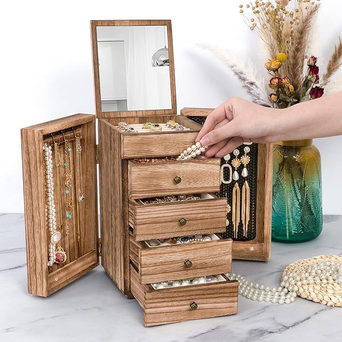 Meangood Jewelry Box Wood for Women, 5-Layer Large Organizer Box with Mirror & 4 Drawers for Rings, Earrings, Necklaces, Vintage Style, Torched Wood