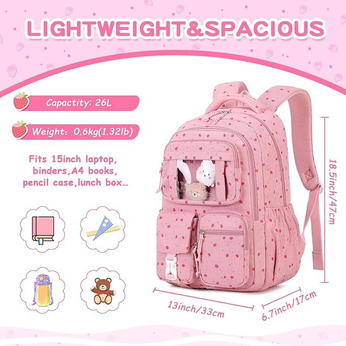 Corduroy Backpack Kids Backpack for Girls School Bags for Middle School Students Book Bag for Elementary Primary Kawaii Ita Backpack, Pink Strawberry