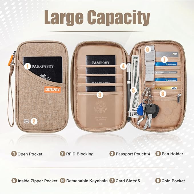 defway Passport Holder Travel Wallet - Family Passport Holder of 4, RFID Blocking Passport Wallet for Men Women, Travel Essentials for Flying (khaki)