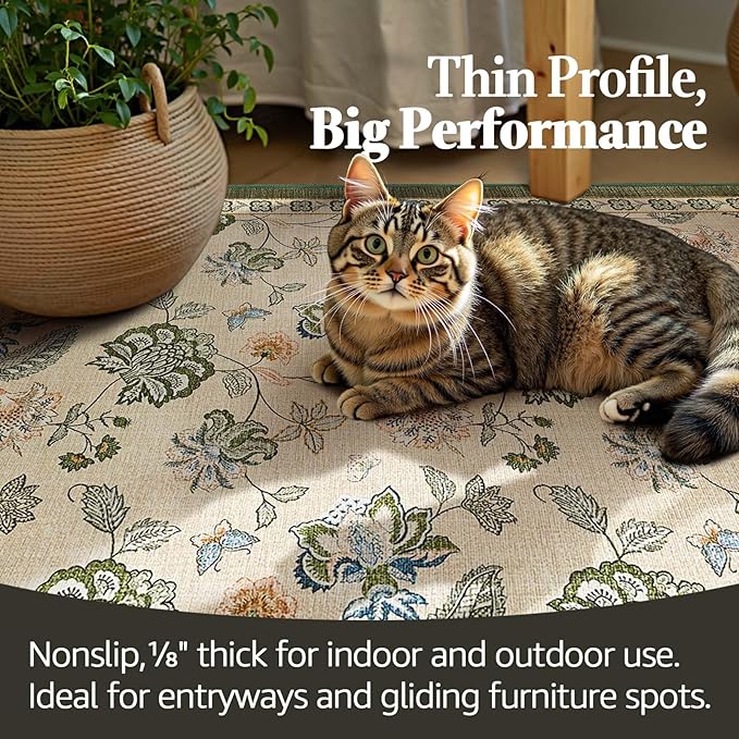 jinchan Floral Corner Rug for Living Room Washable Bedroom Rug Vintage Romance Design Non Slip Quarter Circle Lightweight Low-Pile Throw Carpet for Reading Nook Playroom,6ft Radius, Green/Beige