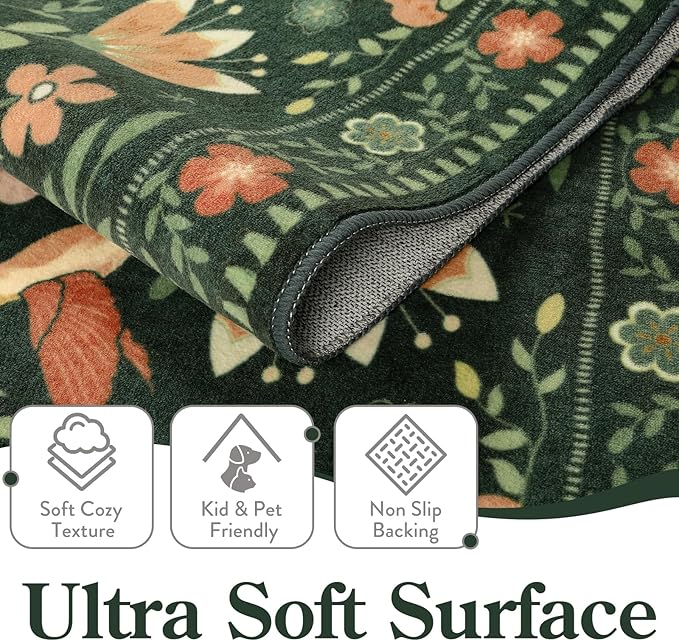 Moynesa Boho Bird Washable Rug, 3x5 Ultra-Thin Dark Green Kitchen Rugs Non-Slip, Stain Resistant, Low Pile, Indoor Small Living Room Throw Carpet for Entryway Bathroom Office Bedroom