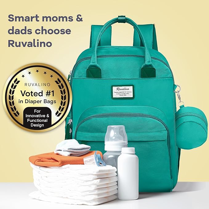 RUVALINO Diaper Bag Backpack-Multifunction Baby Travel Bag with Changing Pad, Insulated Bottle Holders & Pacifier Case, Large Capacity, Waterproof, Turquoise