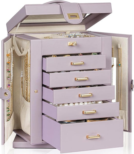 AKOZLIN 360° Rotating Jewelry Box 6-Tier Organizer Functional Jewelry Storage Case for Women Girls Ring Necklace Earring Bracelet Holder with Mirror Purple