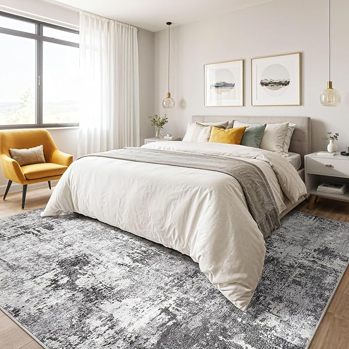 5x8 Area Rug Living Room: Machine Washable Large Abstract Modern Soft Rugs Stain Resistant Indoor Floor Non Slip Accent Carpet for Bedroom Nursery Playroom Dining Room Office Dorm Home- Black Grey