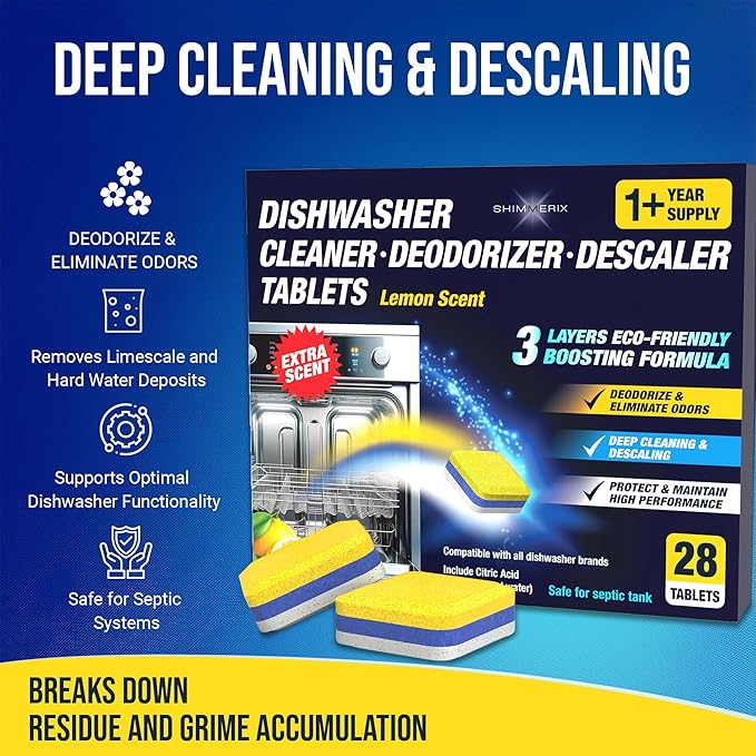Dishwasher Cleaner Deodorizer Descaler Tablets - 56 Tabs - 1 Plus Year Supply - Extra Scented Deep Cleaning Sanitizer Pods - Remove Hard Water - Contain Citric Acid Heavy Duty Septic Safe - Lemon
