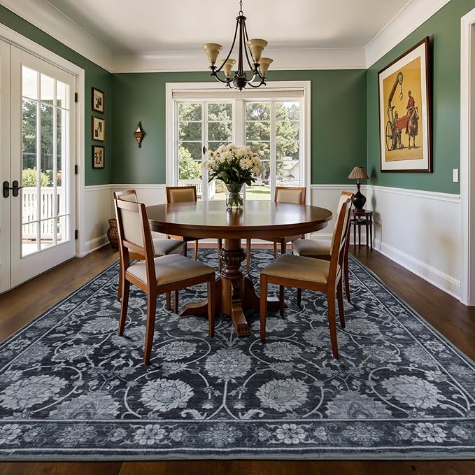 Black 8x10 Area Rugs for Living Room, Washable Large Bedroom Rug, Soft Non Slip Floral Carpet, Stain Resistant Low Pile Carpets for Indoor Under Table Dining Home Office Nursery, Black