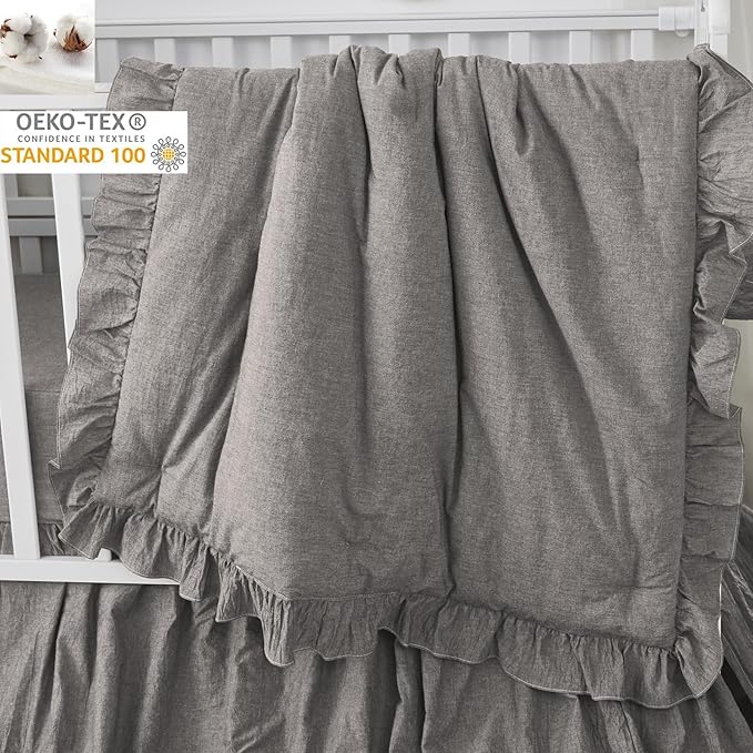 Brandream Baby Crib Bedding Set for Girls Boys Gender Neutral Boho Bohemian Farmhouse Chic Ruffle 6-Piece Nursery Bedding Set - 100% Washed Cotton Gray Grey