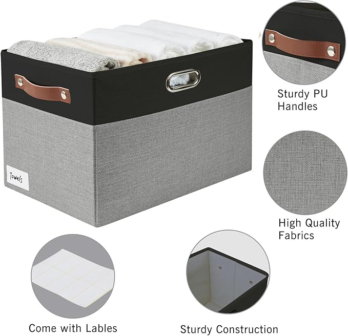 Large Collapsible Fabric Storage Bins with 3 Handles, Foldable Organizer Baskets for Closet, Shelves, Living Room | 3 Pack, Durable PU & Metal Handles (17"x11.8"x11.8", Black & Gray)
