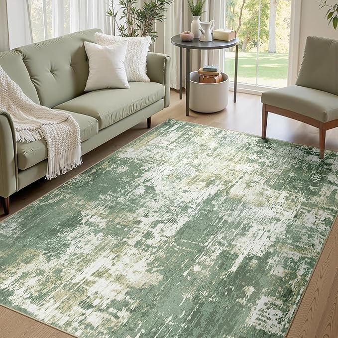 Washable Area Rugs 6'x9' Non-Slip Modern Abstract Soft for Living Room Entryway Bedroom Nursery, Print Pattern, Light Green/Yellow